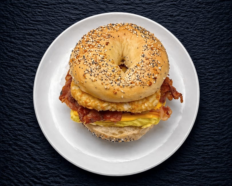 Everything bagel breakfast sandwich with bacon, egg, cheese, and hash brown on a white plate.